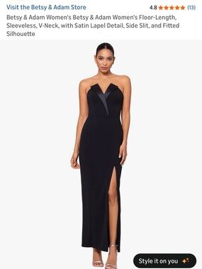 Betsy & Adam Black Strapless V-Neck Satin Lapel Gown